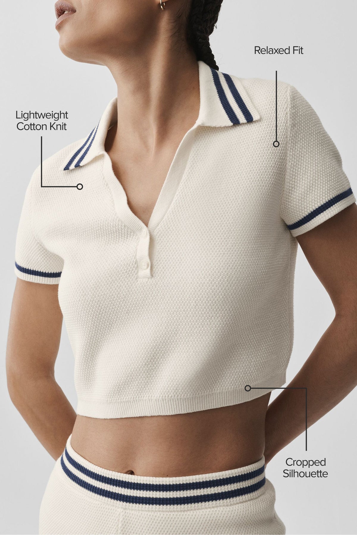 Tennis Club Sweater Knit Cropped Polo - Ivory/Navy