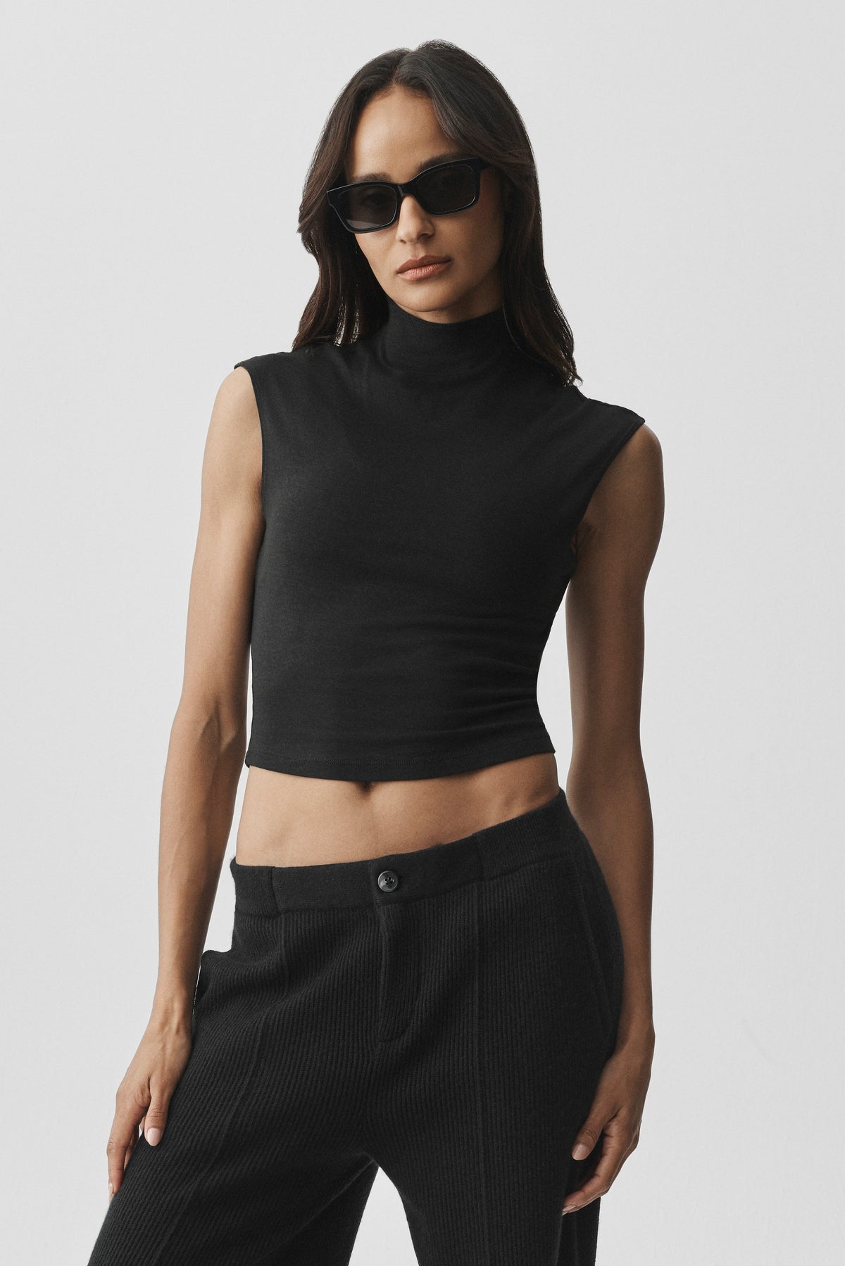 Semi Sheer Mock Neck Oasis Tank - Black